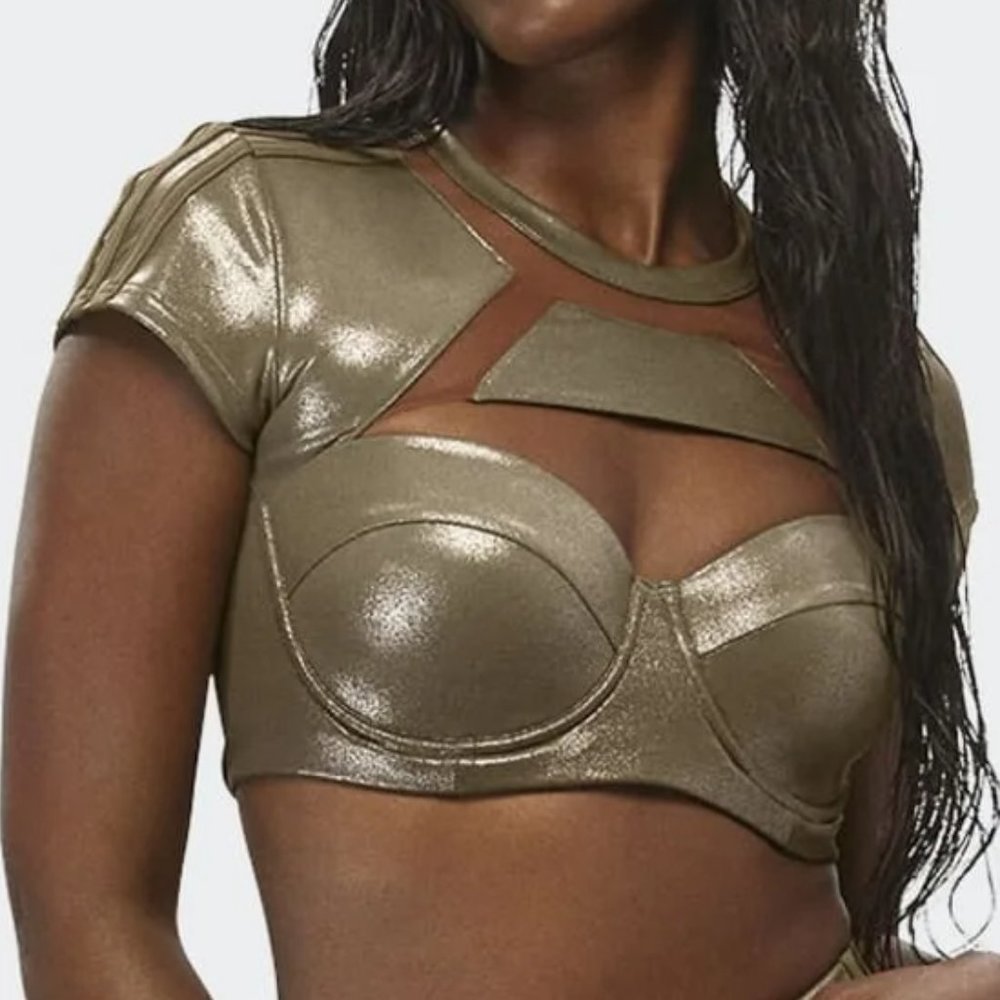 Adidas Ivy Park  | Metallic Olive Green Swim Top with Cut Out & Open Mes… - Picture 13 of 14